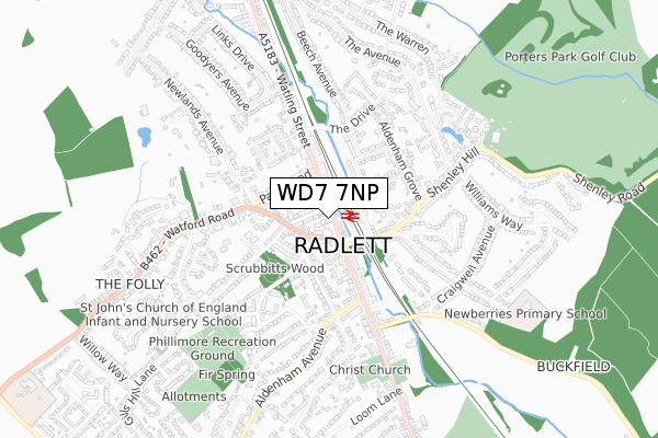 WD7 7NP map - small scale - OS Open Zoomstack (Ordnance Survey)