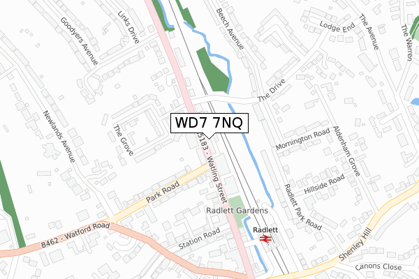WD7 7NQ map - large scale - OS Open Zoomstack (Ordnance Survey)