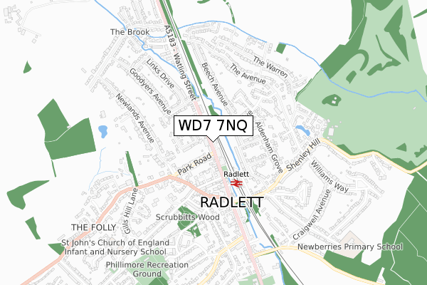 WD7 7NQ map - small scale - OS Open Zoomstack (Ordnance Survey)