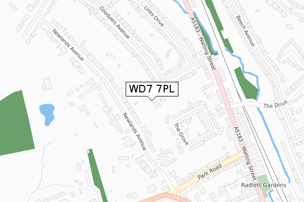 WD7 7PL map - large scale - OS Open Zoomstack (Ordnance Survey)
