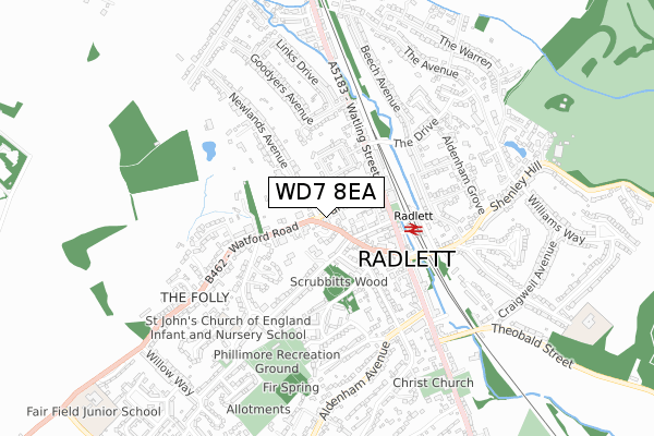 WD7 8EA map - small scale - OS Open Zoomstack (Ordnance Survey)