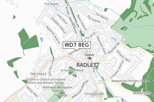 WD7 8EG map - small scale - OS Open Zoomstack (Ordnance Survey)