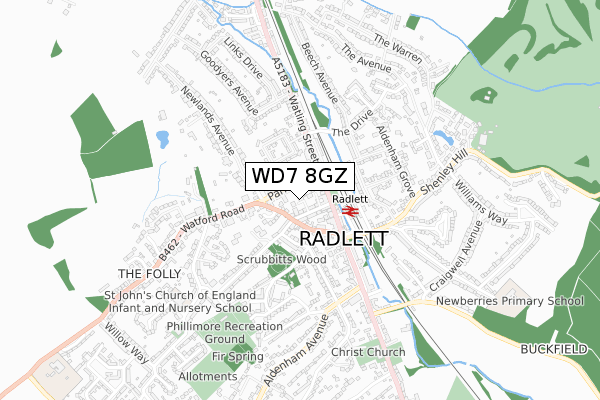 WD7 8GZ map - small scale - OS Open Zoomstack (Ordnance Survey)