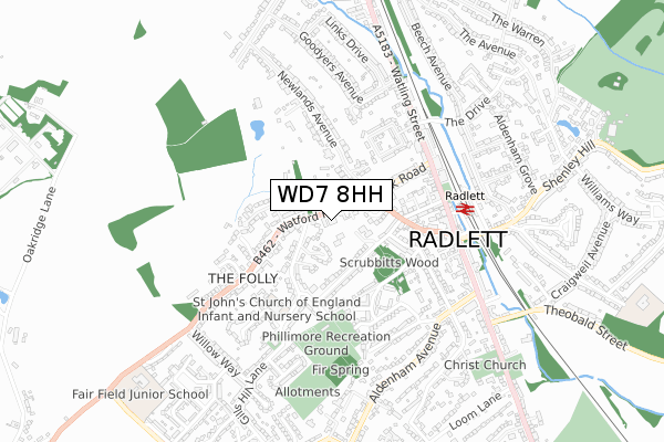 WD7 8HH map - small scale - OS Open Zoomstack (Ordnance Survey)