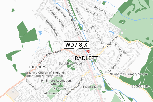 WD7 8JX map - small scale - OS Open Zoomstack (Ordnance Survey)