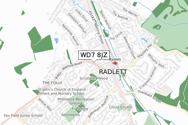 WD7 8JZ map - small scale - OS Open Zoomstack (Ordnance Survey)