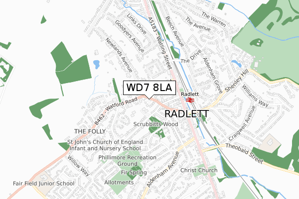 WD7 8LA map - small scale - OS Open Zoomstack (Ordnance Survey)