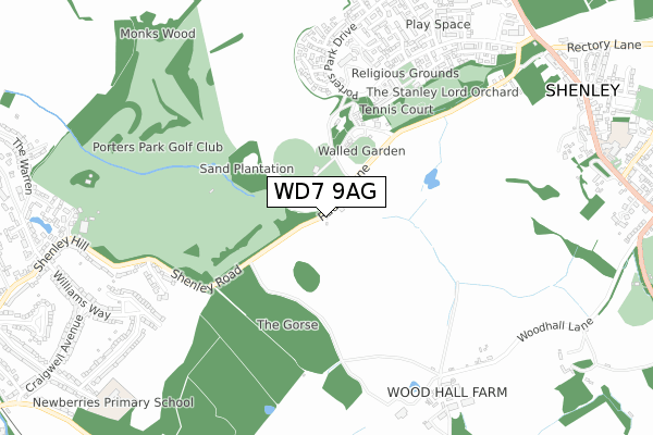 WD7 9AG map - small scale - OS Open Zoomstack (Ordnance Survey)