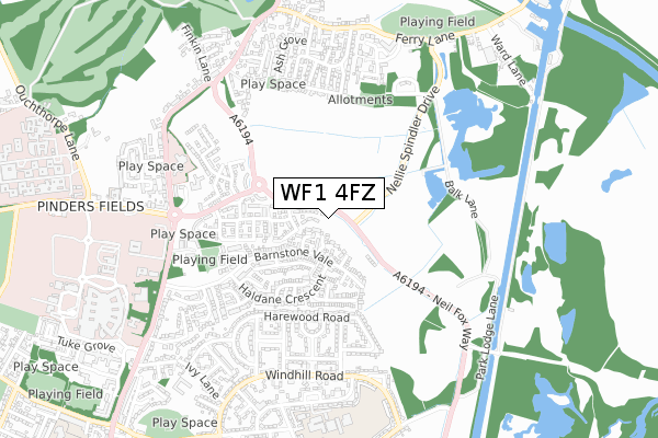WF1 4FZ map - small scale - OS Open Zoomstack (Ordnance Survey)
