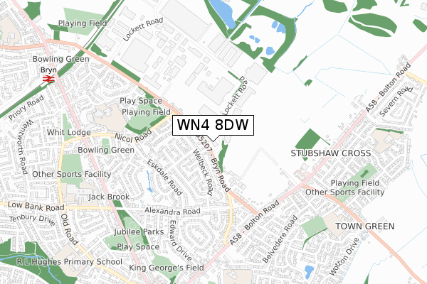 WN4 8DW map - small scale - OS Open Zoomstack (Ordnance Survey)