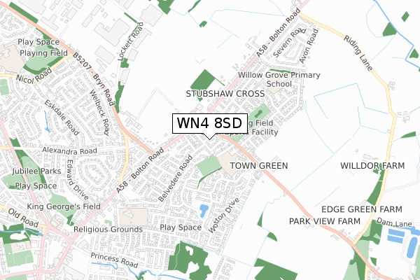 WN4 8SD map - small scale - OS Open Zoomstack (Ordnance Survey)