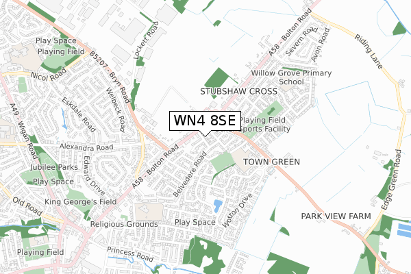 WN4 8SE map - small scale - OS Open Zoomstack (Ordnance Survey)