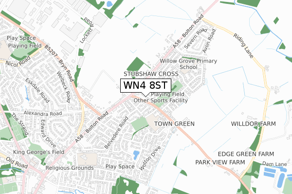 WN4 8ST map - small scale - OS Open Zoomstack (Ordnance Survey)