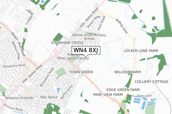 WN4 8XJ map - small scale - OS Open Zoomstack (Ordnance Survey)