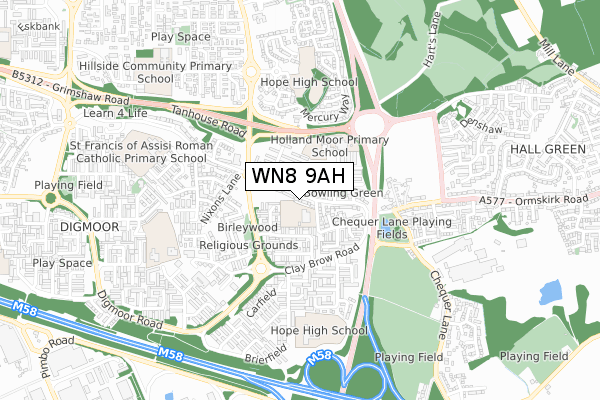 WN8 9AH map - small scale - OS Open Zoomstack (Ordnance Survey)