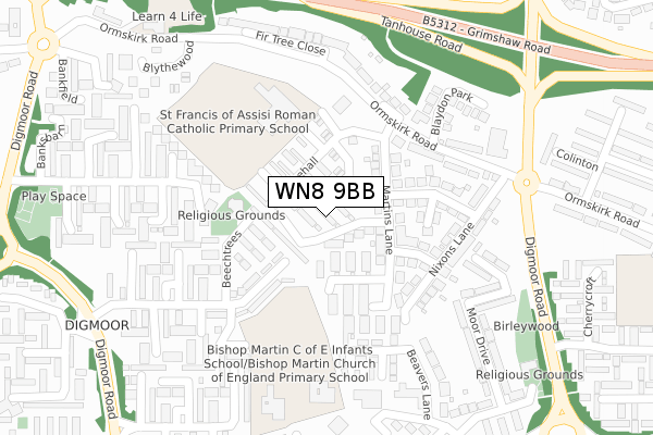 WN8 9BB map - large scale - OS Open Zoomstack (Ordnance Survey)