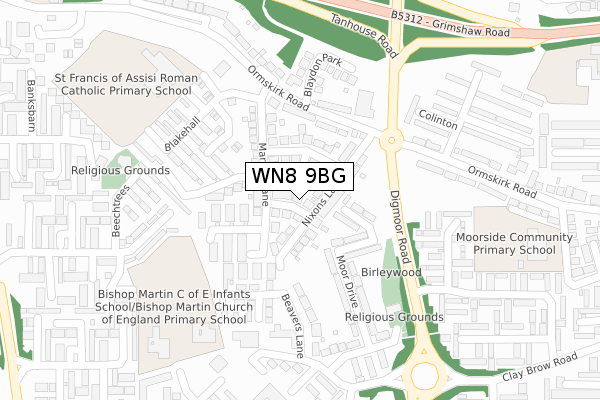 WN8 9BG map - large scale - OS Open Zoomstack (Ordnance Survey)