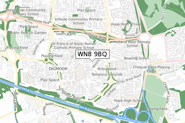 WN8 9BQ map - small scale - OS Open Zoomstack (Ordnance Survey)