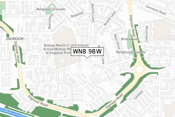 WN8 9BW map - large scale - OS Open Zoomstack (Ordnance Survey)