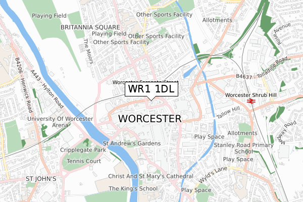 WR1 1DL map - small scale - OS Open Zoomstack (Ordnance Survey)