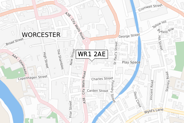 WR1 2AE map - large scale - OS Open Zoomstack (Ordnance Survey)