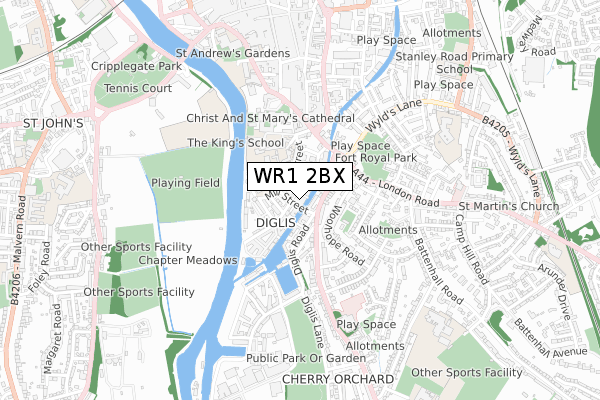 WR1 2BX map - small scale - OS Open Zoomstack (Ordnance Survey)