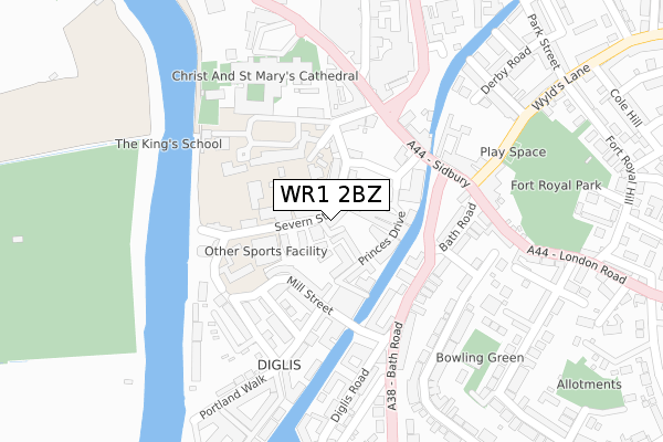 WR1 2BZ map - large scale - OS Open Zoomstack (Ordnance Survey)