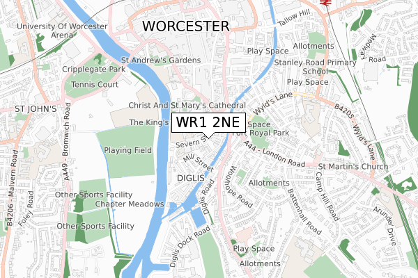 WR1 2NE map - small scale - OS Open Zoomstack (Ordnance Survey)
