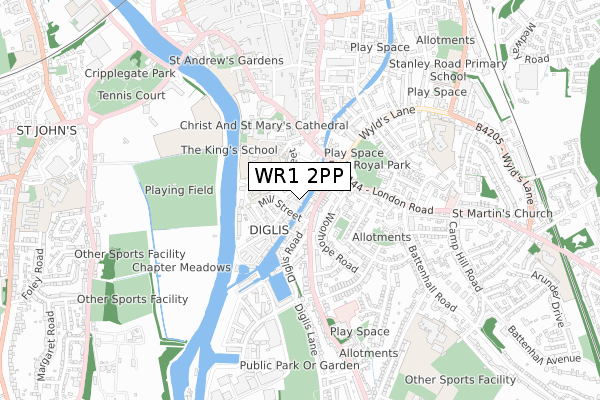 WR1 2PP map - small scale - OS Open Zoomstack (Ordnance Survey)