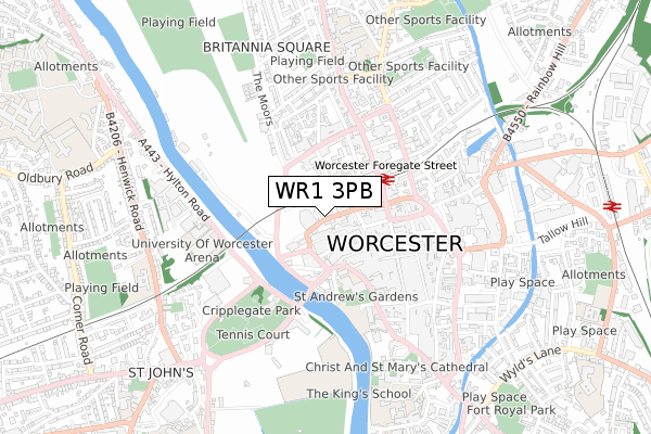 WR1 3PB map - small scale - OS Open Zoomstack (Ordnance Survey)