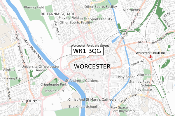 WR1 3QG map - small scale - OS Open Zoomstack (Ordnance Survey)