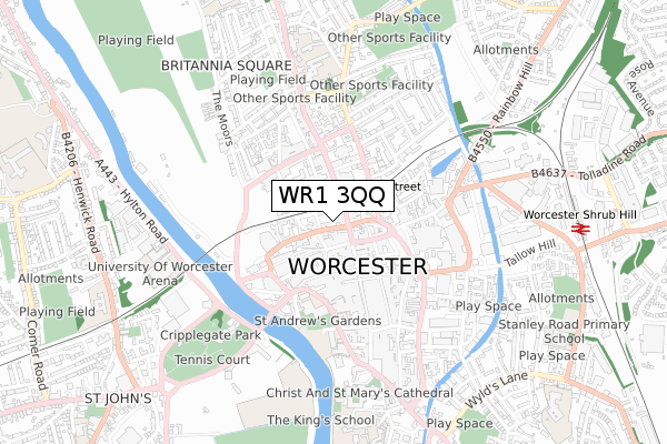 WR1 3QQ map - small scale - OS Open Zoomstack (Ordnance Survey)