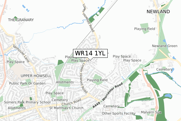 WR14 1YL map - small scale - OS Open Zoomstack (Ordnance Survey)