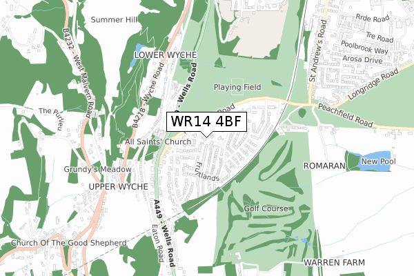 WR14 4BF map - small scale - OS Open Zoomstack (Ordnance Survey)