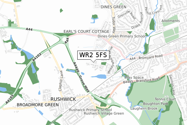 WR2 5FS map - small scale - OS Open Zoomstack (Ordnance Survey)