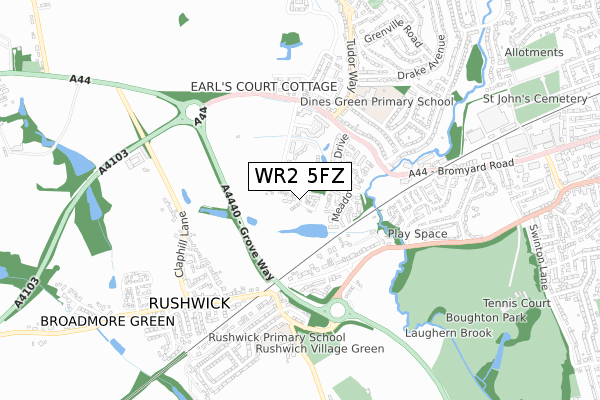 WR2 5FZ map - small scale - OS Open Zoomstack (Ordnance Survey)
