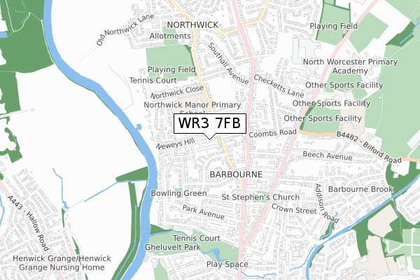 WR3 7FB map - small scale - OS Open Zoomstack (Ordnance Survey)