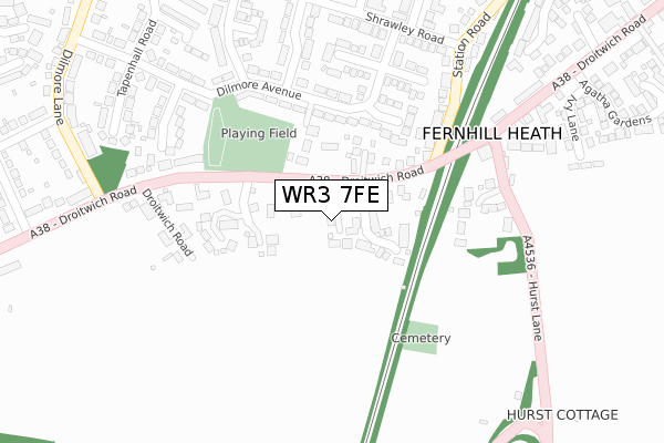 WR3 7FE map - large scale - OS Open Zoomstack (Ordnance Survey)