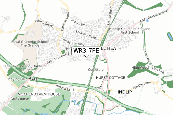 WR3 7FE map - small scale - OS Open Zoomstack (Ordnance Survey)
