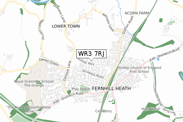 WR3 7RJ map - small scale - OS Open Zoomstack (Ordnance Survey)