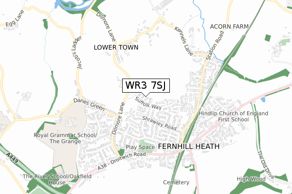 WR3 7SJ map - small scale - OS Open Zoomstack (Ordnance Survey)