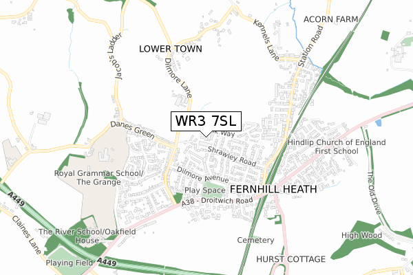 WR3 7SL map - small scale - OS Open Zoomstack (Ordnance Survey)
