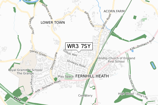 WR3 7SY map - small scale - OS Open Zoomstack (Ordnance Survey)