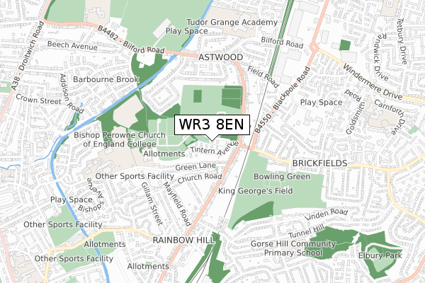 WR3 8EN map - small scale - OS Open Zoomstack (Ordnance Survey)