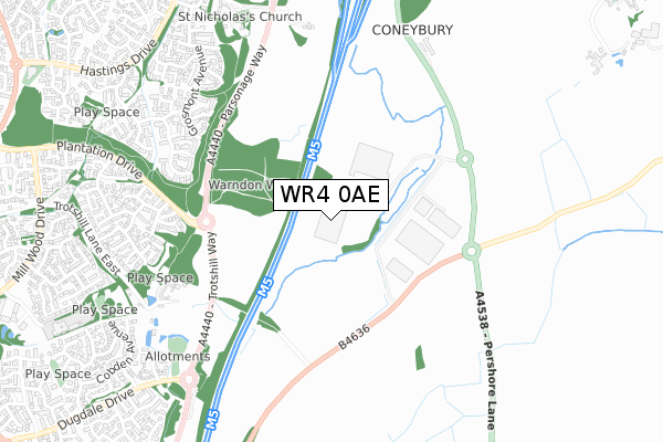 WR4 0AE map - small scale - OS Open Zoomstack (Ordnance Survey)