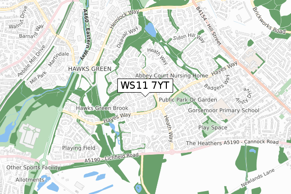 WS11 7YT map - small scale - OS Open Zoomstack (Ordnance Survey)