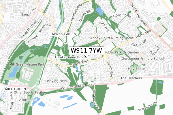 WS11 7YW map - small scale - OS Open Zoomstack (Ordnance Survey)