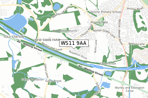 WS11 9AA map - small scale - OS Open Zoomstack (Ordnance Survey)