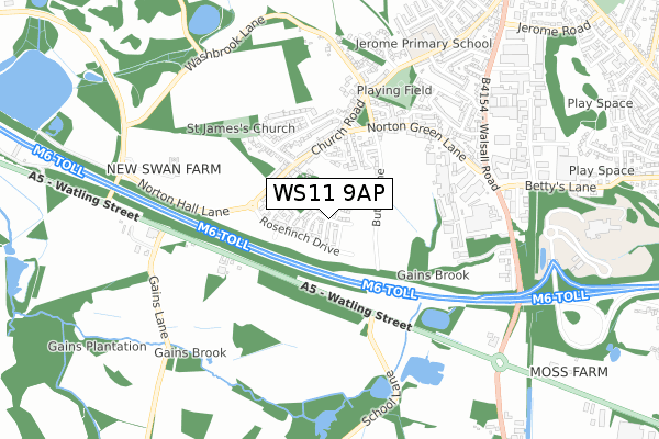 WS11 9AP map - small scale - OS Open Zoomstack (Ordnance Survey)
