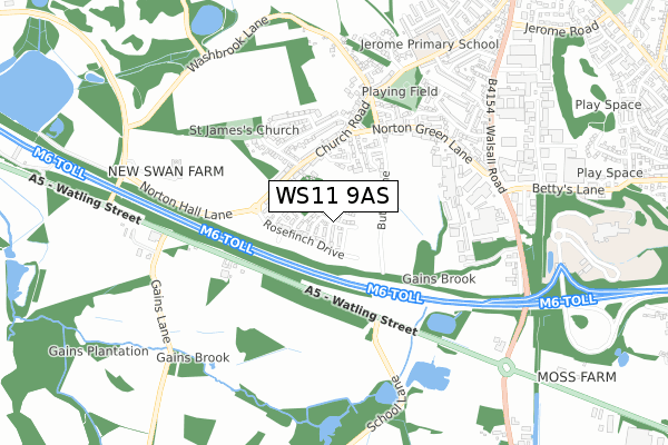 WS11 9AS map - small scale - OS Open Zoomstack (Ordnance Survey)